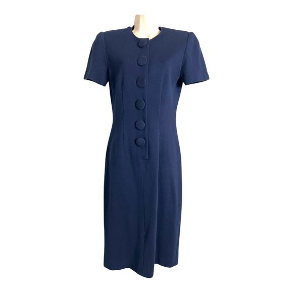 Vintage 80s Navy Blue Career Dress Button Wiggle Pencil Secretary Office S Small - Picture 1 of 6